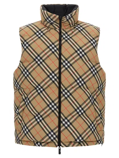 Burberry Beige Sleeveless Reversible Down Jacket With High Neck And All-over Check Motif In Tech Fabric Man In Neutral