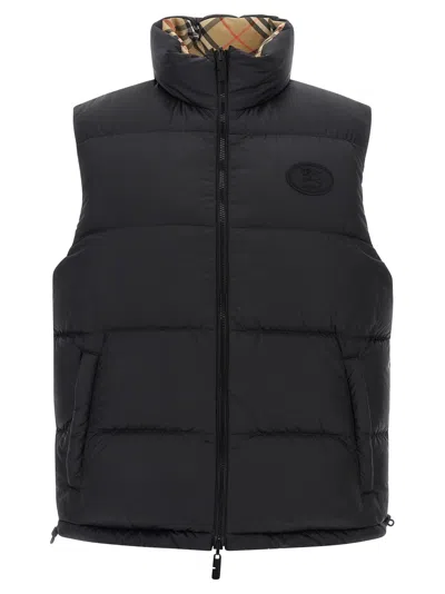 Burberry Beige Sleeveless Reversible Down Jacket With High Neck And All-over Check Motif In Tech Fabric Man In Neutral