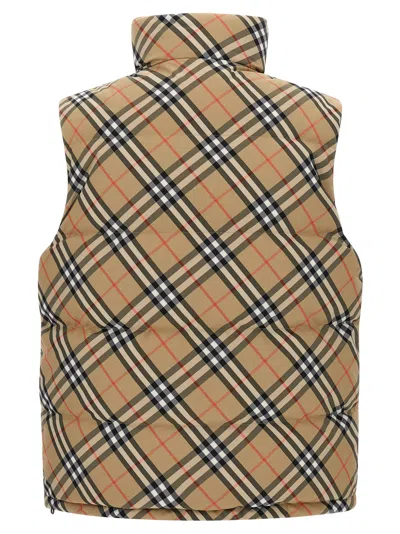 Burberry Beige Sleeveless Reversible Down Jacket With High Neck And All-over Check Motif In Tech Fabric Man In Neutral