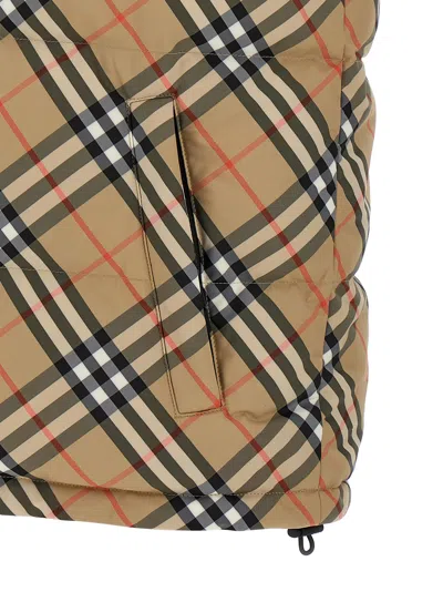 Burberry Beige Sleeveless Reversible Down Jacket With High Neck And All-over Check Motif In Tech Fabric Man In Neutral