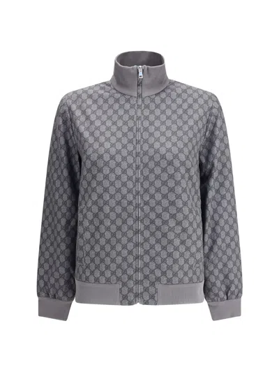 Gucci Grey Sweatshirt With High Neck And All-over Gg Print In Tech Fabric Woman In Gray