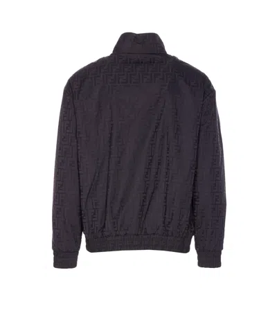 Fendi Men Black Jacket With High Neck And All-over Ff Motif In Tech Fabric Man In Black