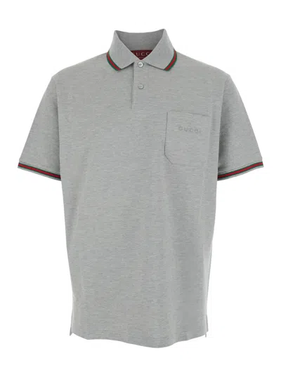 Gucci Grey Polo Shirt With Web Details And Logo Lettering On The Front In Wool Blend Man In Gray