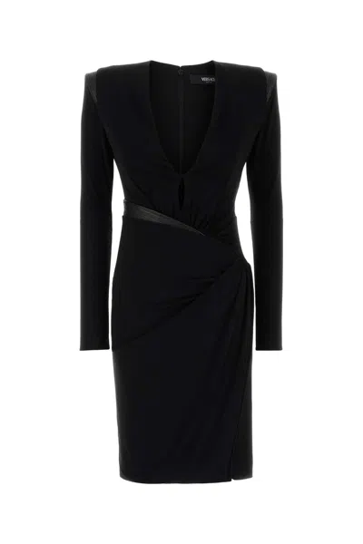 Versace Draped Long Sleeve Dress With Shoulder Pads In Black