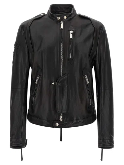 Dsquared2 Ducati X D2 Black Jacket With Mandarin Collar And Logo Embossed On The Back In Leather Man In Black