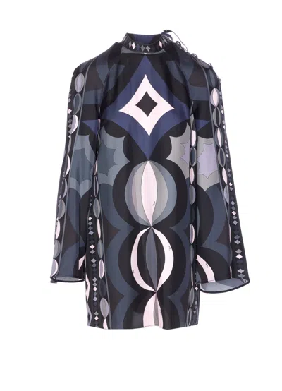 Pucci Geometric Pattern Long Sleeve High Neck Dress In Black