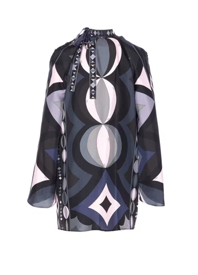 Pucci Geometric Pattern Long Sleeve High Neck Dress In Black