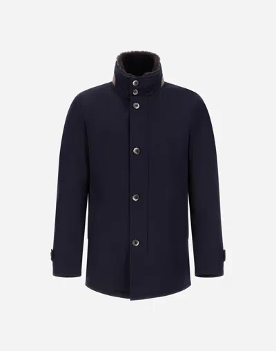 Herno Structured Blue Virgin Wool Coat With Plush Fur Collar In Blue