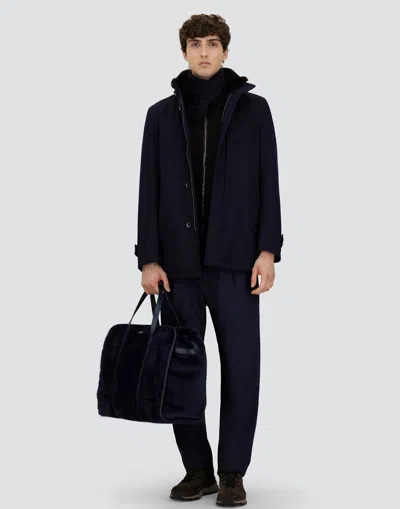 Herno Structured Blue Virgin Wool Coat With Plush Fur Collar In Blue