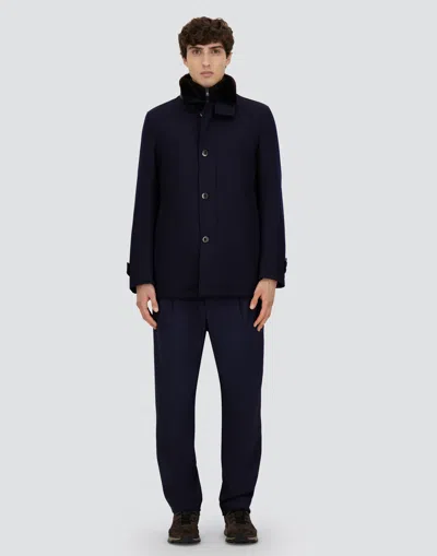 Herno Structured Blue Virgin Wool Coat With Plush Fur Collar In Blue