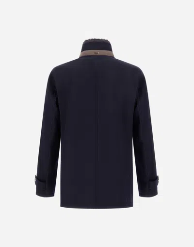 Herno Structured Blue Virgin Wool Coat With Plush Fur Collar In Blue