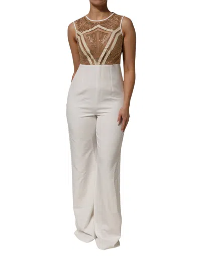Mangano White Beige Mesh Crystal Embellished Sleeveless Jumpsuit In Multi