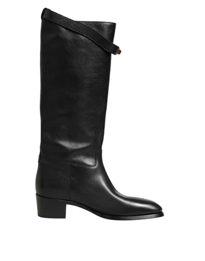 Dolce & Gabbana Black Logo Plaque Over The Calf Boots Shoes In Black