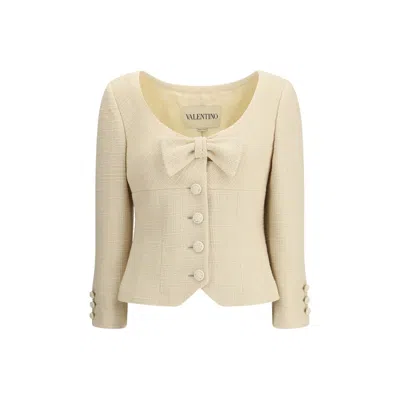 Valentino Wool Crepe Jacket With Applied Bow In Neutral