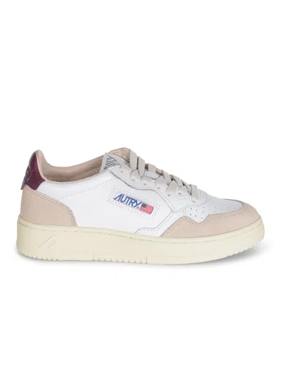 Autry Medalist Low Sneakers In White And Burgundy Suede And Leather In White