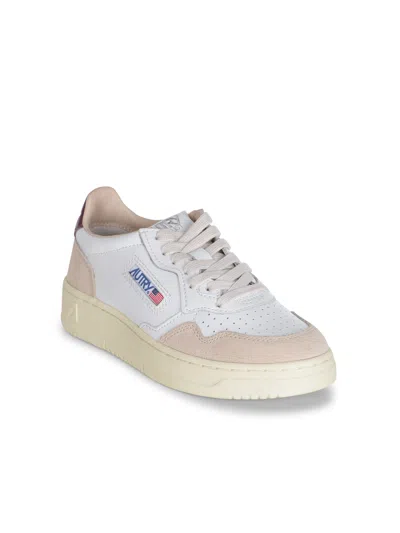 Autry Medalist Low Sneakers In White And Burgundy Suede And Leather In White