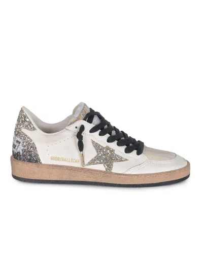 Golden Goose Ballstar White Low Top Sneakers With Glittered Star Patch On The Side And Glittered Heel With Logo L In White