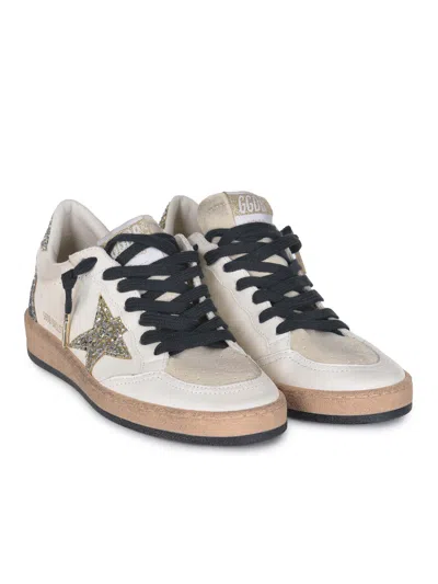 Golden Goose Ballstar White Low Top Sneakers With Glittered Star Patch On The Side And Glittered Heel With Logo L In White
