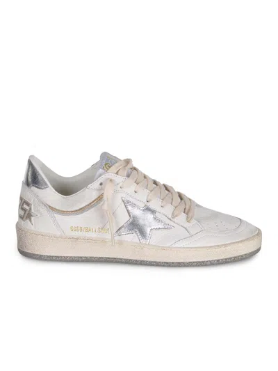 Golden Goose Ball Star Sneakers In Vintage Effect Leather With Silver Star And Heel Tab In White