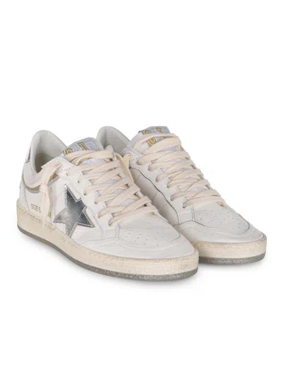 Golden Goose Ball Star Sneakers In Vintage Effect Leather With Silver Star And Heel Tab In White
