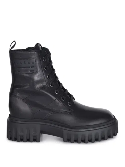 Hogan H700 Chunky Biker Boots In Leather In Black
