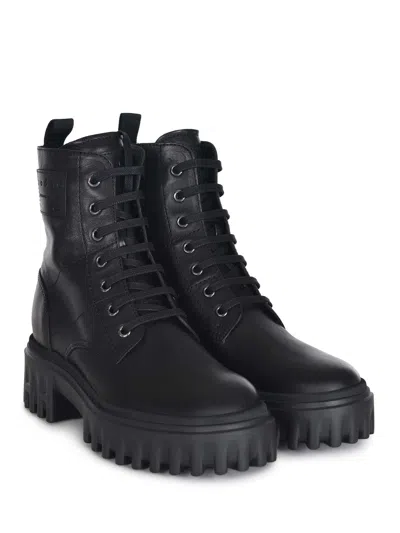 Hogan H700 Chunky Biker Boots In Leather In Black