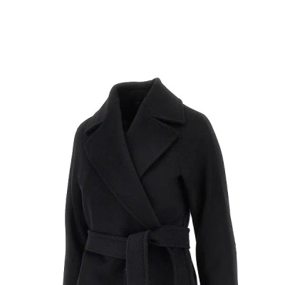 Max Mara Waist Belted Long Length Lapels Pockets In Black