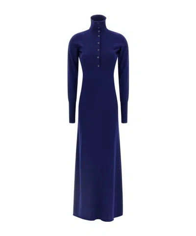 Tom Ford High Neck Buttoned Maxi Dress With Long Sleeves In Blue