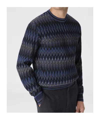 Missoni Crew Neck Sweater With 3d Zigzag Pattern In Blue