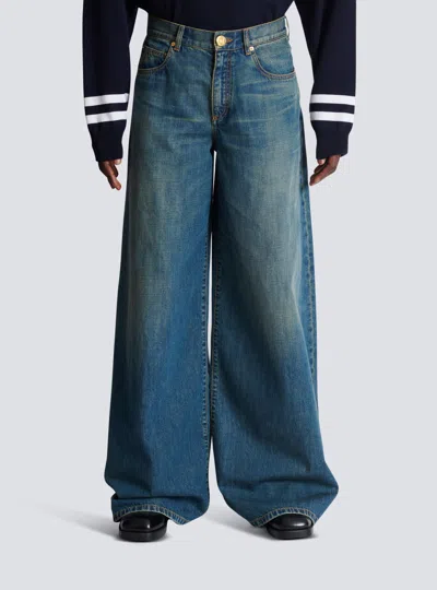 Balmain Wide-leg Faded Denim Jeans In Blue