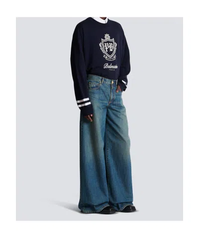 Balmain Wide-leg Faded Denim Jeans In Blue