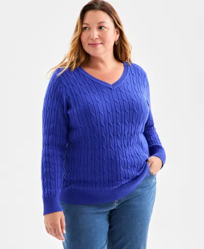 Style & Co Plus Size Cotton Cable-knit V-neck Sweater, Macy's Exclusive In Blue