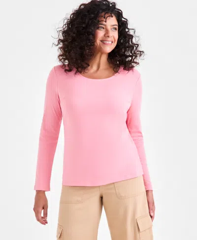 Style & Co Women's Cotton Long-sleeve Scoop-neck Top, Created For Macy's In Pink