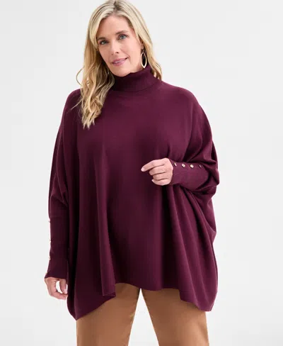 Jm Collection Plus Size Solid Turtleneck Poncho Sweater, Macy's Exclusive In Burgundy