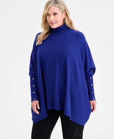 Jm Collection Plus Size Solid Turtleneck Poncho Sweater, Macy's Exclusive In Blue