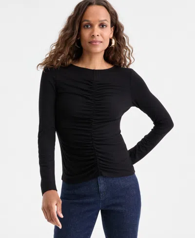 Inc International Concepts Petite Ruched-front Top, Macy's Exclusive In Black