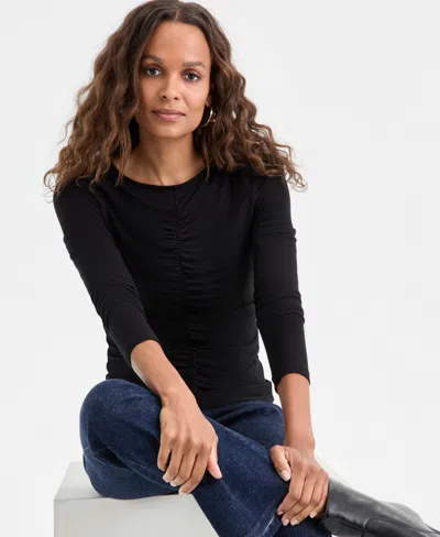 Inc International Concepts Petite Ruched-front Top, Macy's Exclusive In Black