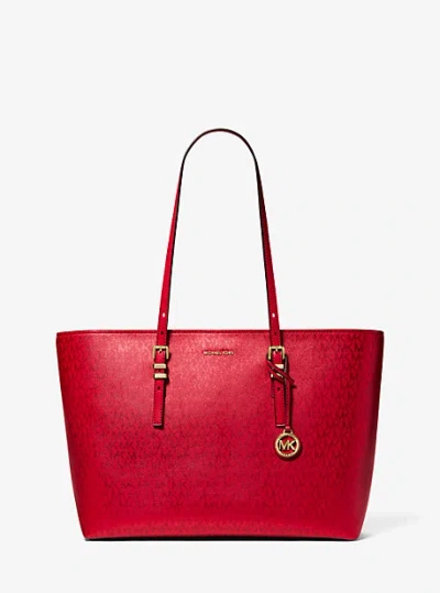 Michael Kors Quinn Large Metallic Signature Logo Tote Bag In Red
