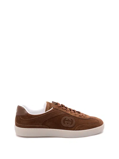 Gucci Suede Sneakers With Rounded Toe And Rubber Sole In Brown