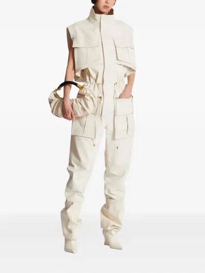 Balmain Sleeveless Lambskin Jumpsuit In White