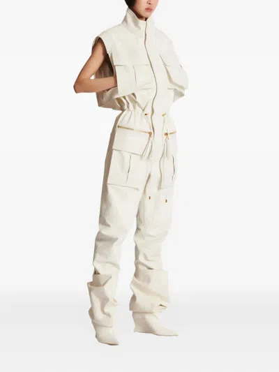 Balmain Sleeveless Lambskin Jumpsuit In White