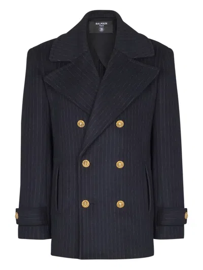 Balmain Merino Wool-blend Stripe Pea Coat In Blue