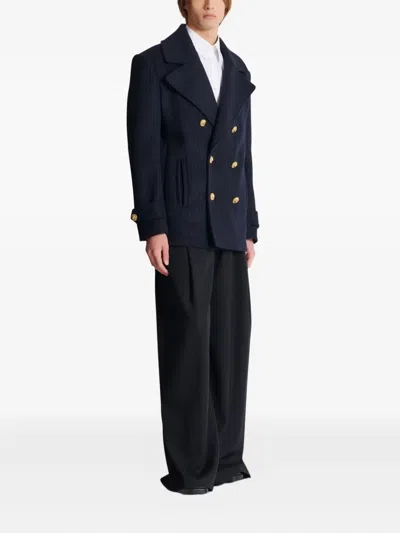 Balmain Merino Wool-blend Stripe Pea Coat In Blue