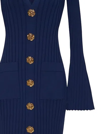 Cara Cara Aron Dress V Neck Button Front Slim Long Sleeve Midi Stretch Bodycon Dress In Blue