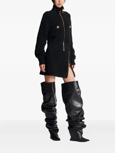 Balmain Textured Fabric Short Jacket With High Collar In Black