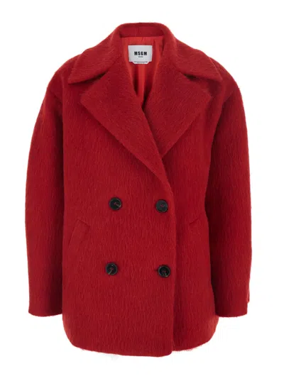 Msgm Double-breasted Coat In Red