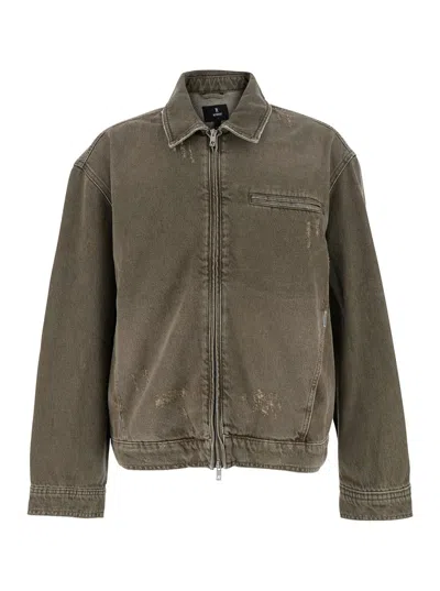 Represent Green Jacket With Classic Collar And Logo Plaque On The Front In Denim Man In Brown