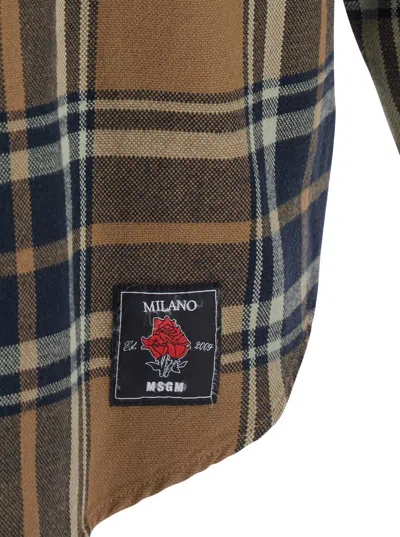 Msgm Logo-patch Check-pattern Shirt In Brown