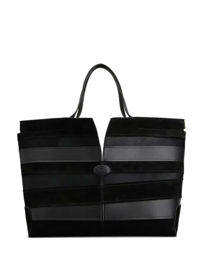 Tod's Medium Di Bag Folio Leather-suede Striped Tote Bag In Black