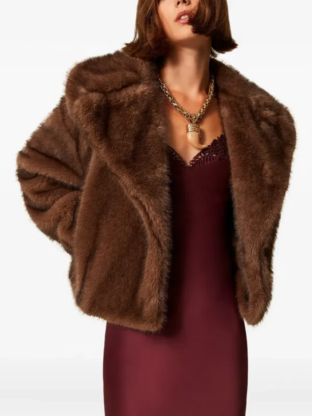 Twinset Cropped Faux Fur Coat With Shawl Collar In Brown | ModeSens